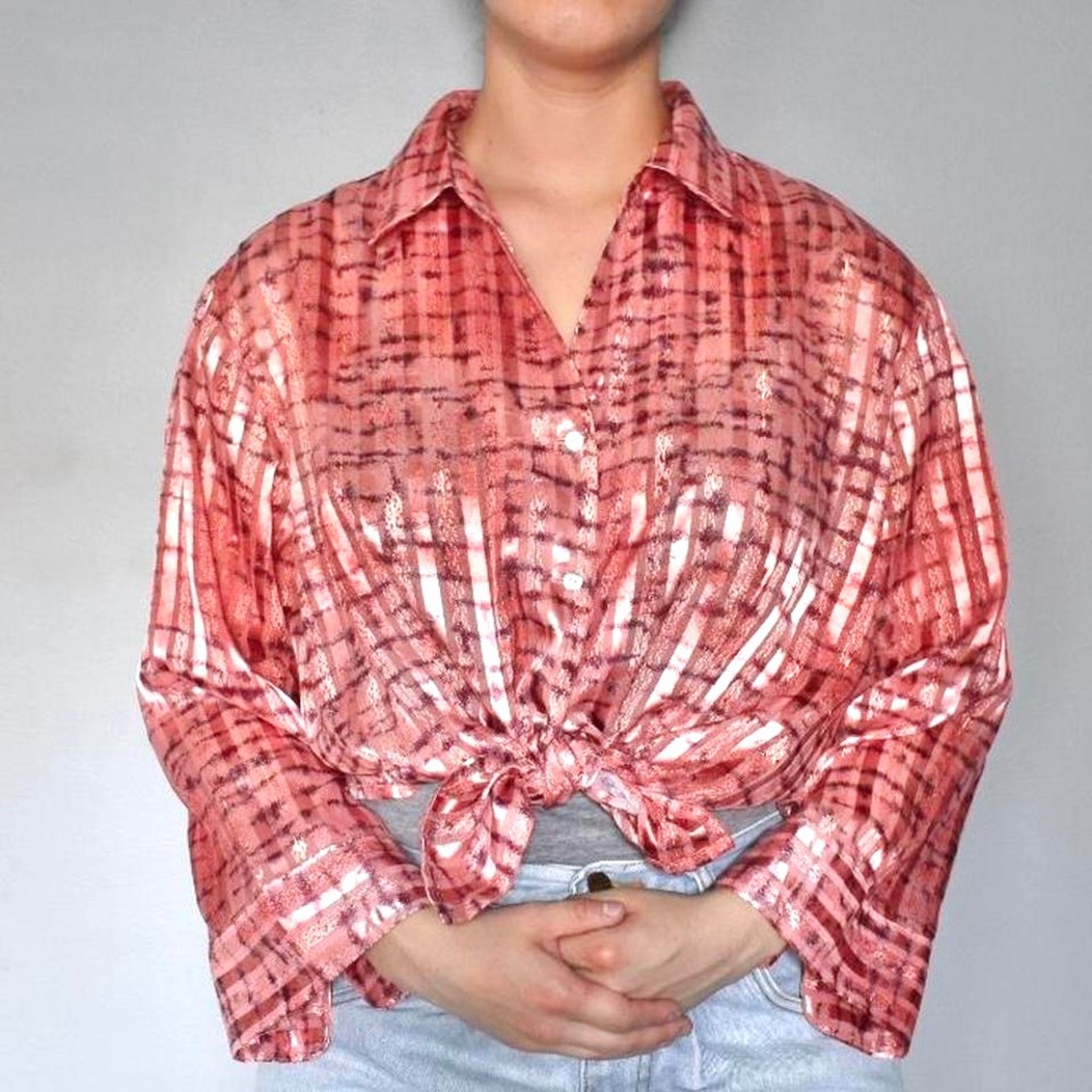 Jaipur Vintage Pink Purple Metallic Stitch Long Sleeve Button Down Blouse